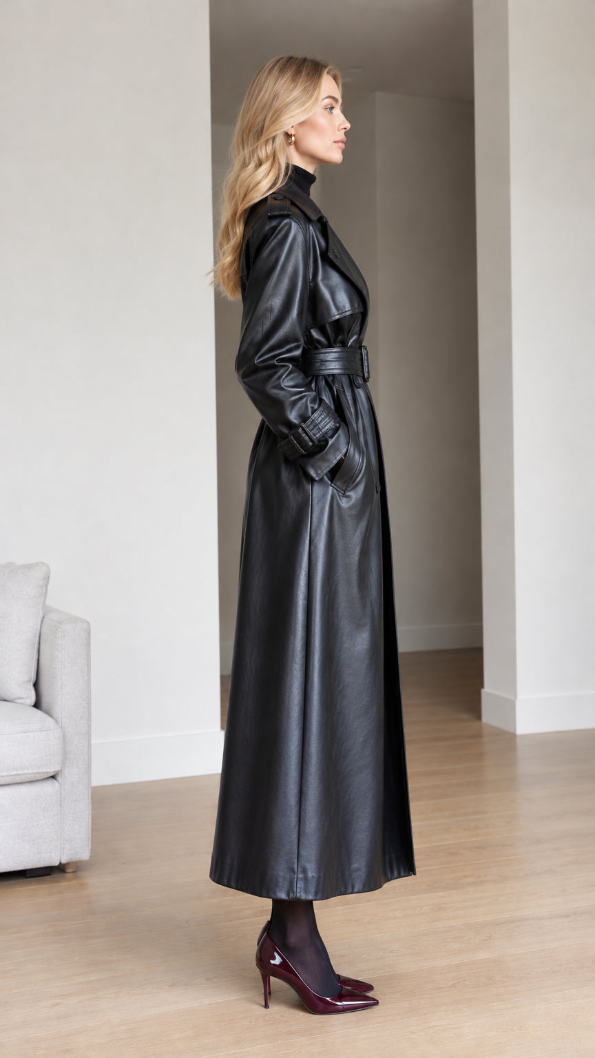 Side profile view of model wearing maxi black faux leather trench coat