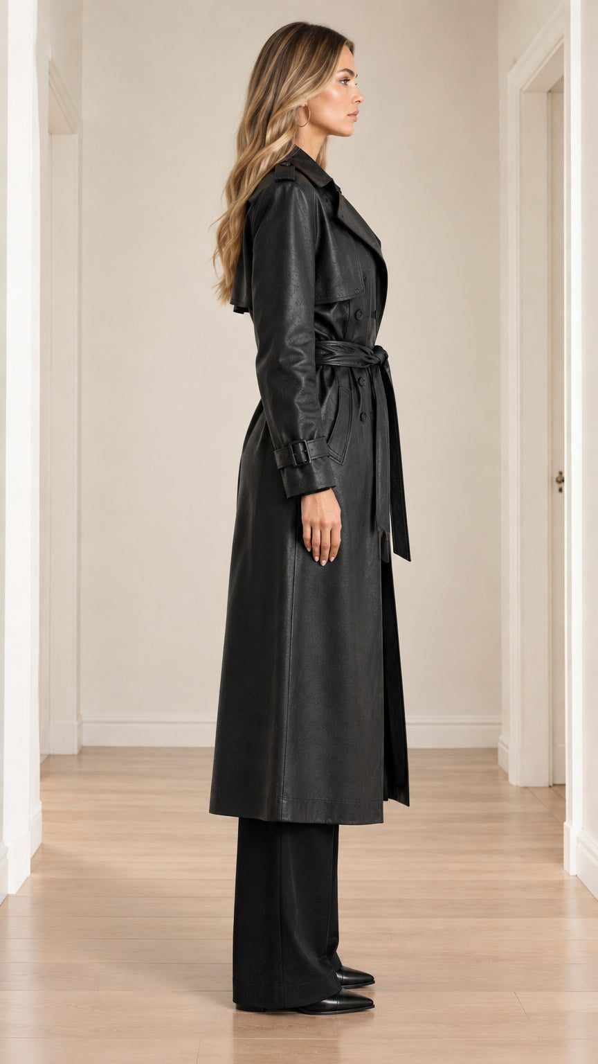 Side profile of woman in full-length black double-breasted faux leather trench coat