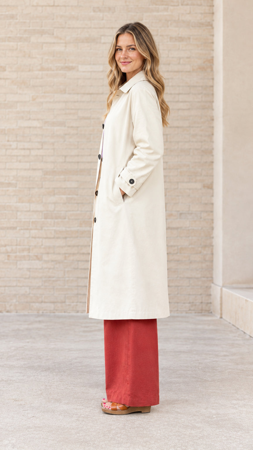 Side profile view of woman wearing cream long duster trench coat