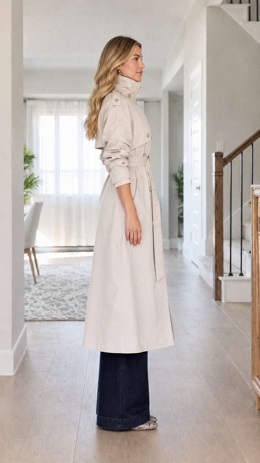 Side profile view of woman wearing long beige belted trench coat
