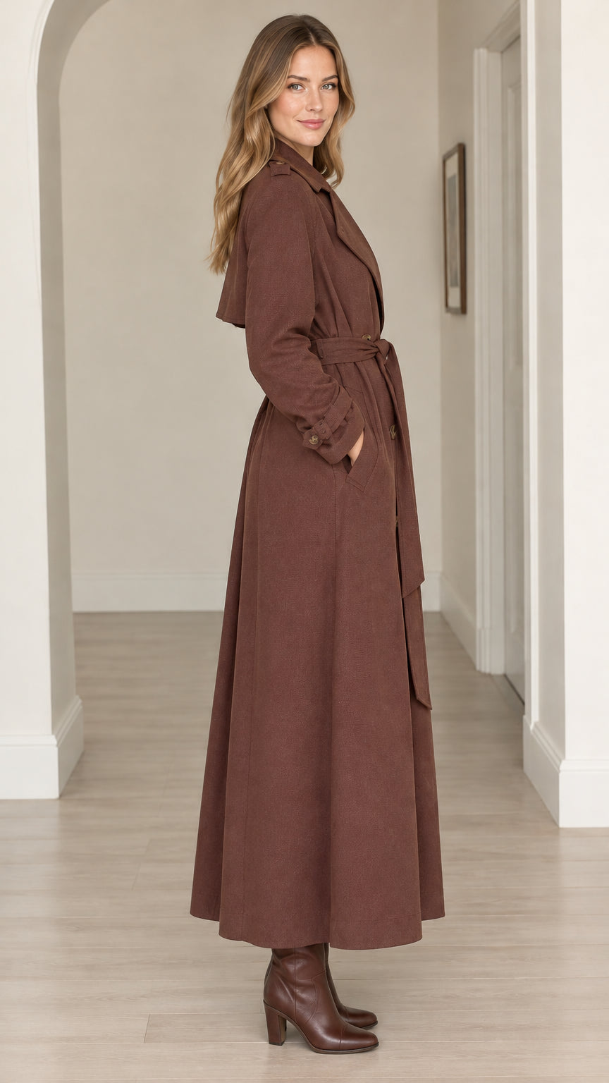 Side profile view of women's long brown trench coat showing silhouette