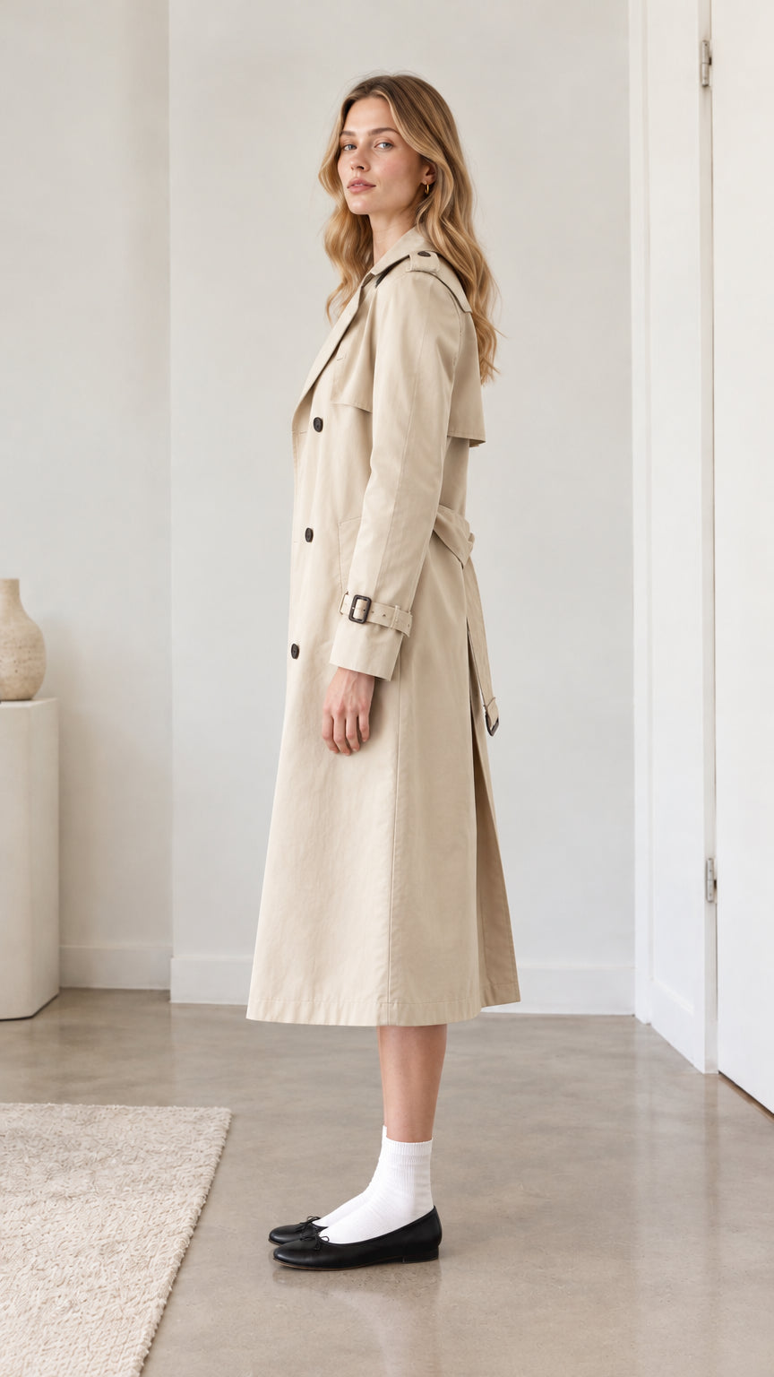 Side profile view of model wearing classic beige long trench coat
