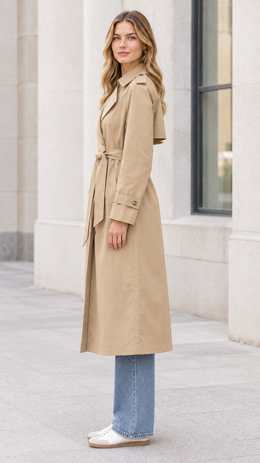 Side profile of woman wearing beige longline belted trench coat with denim jeans