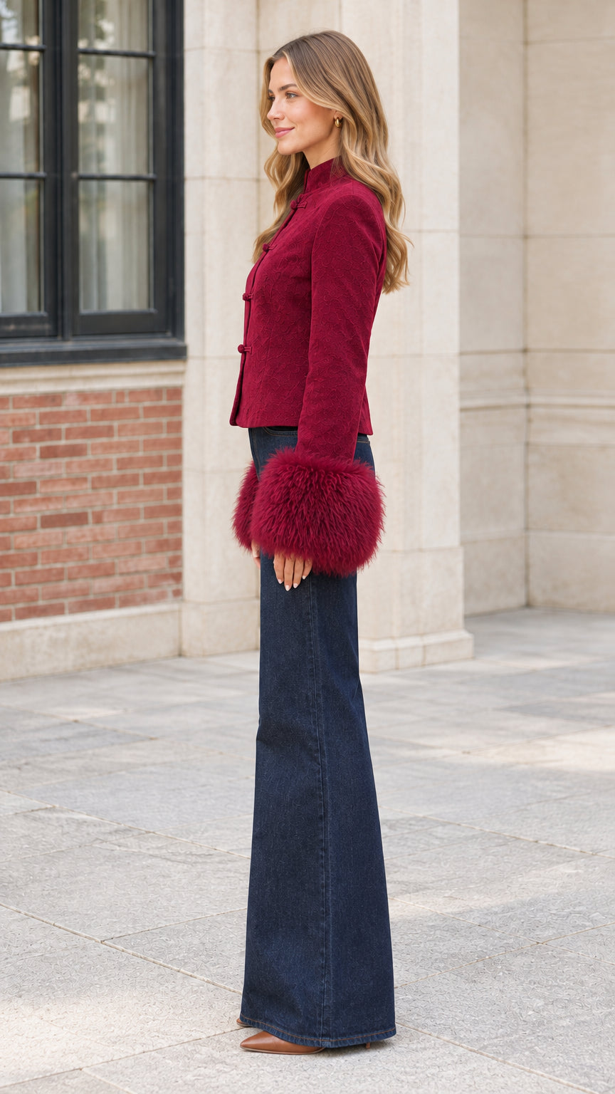 Side view of model wearing Burgundy jacquard jacket with faux fur cuffs