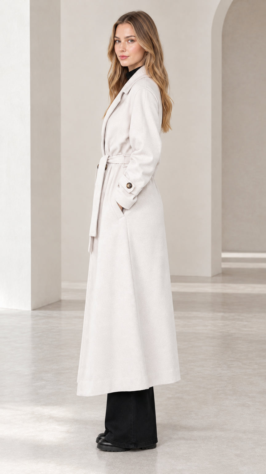 Side profile view of woman wearing cream maxi overcoat with belted waist