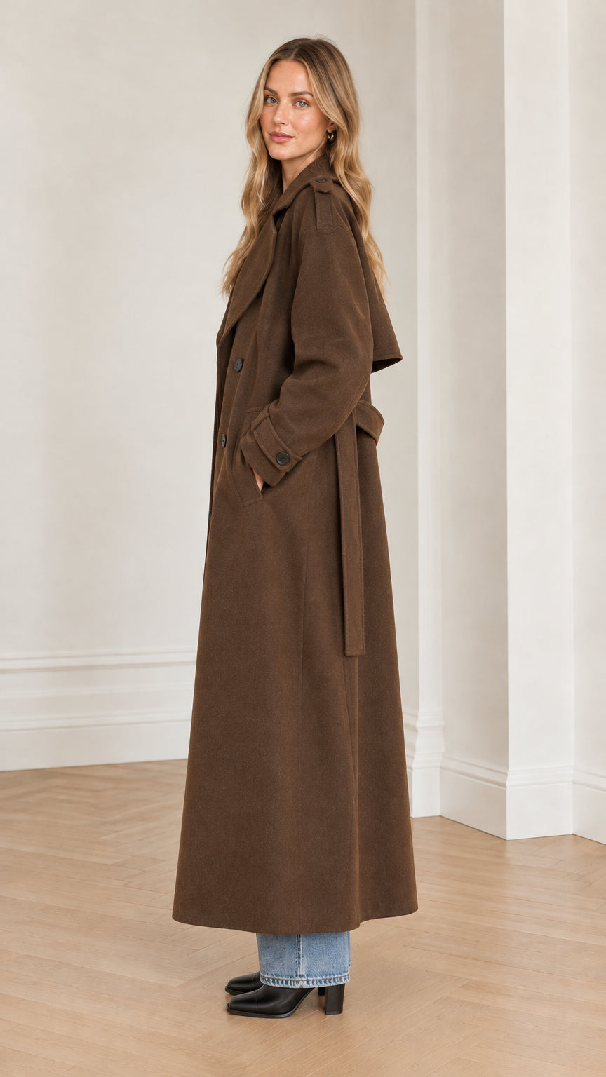 Side profile view of woman wearing long brown trench coat showing sweeping maxi length