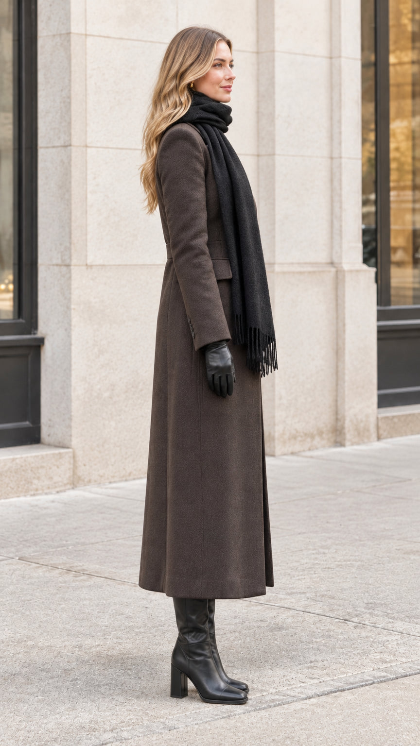 Side profile view of woman modeling longline dark brown overcoat