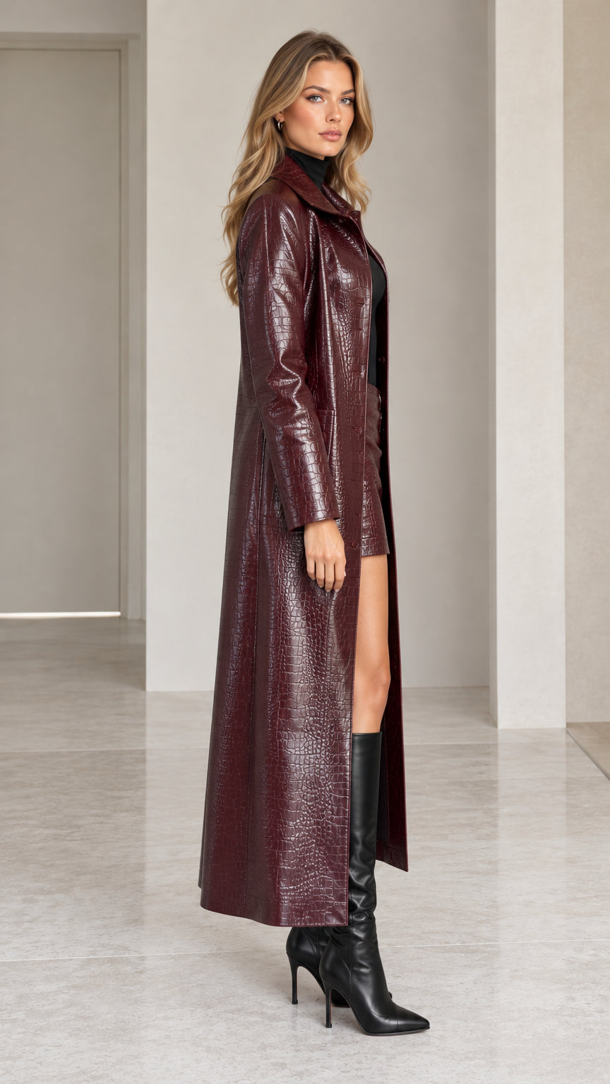 Side angle view of model wearing long burgundy crocodile-embossed faux leather trench coat