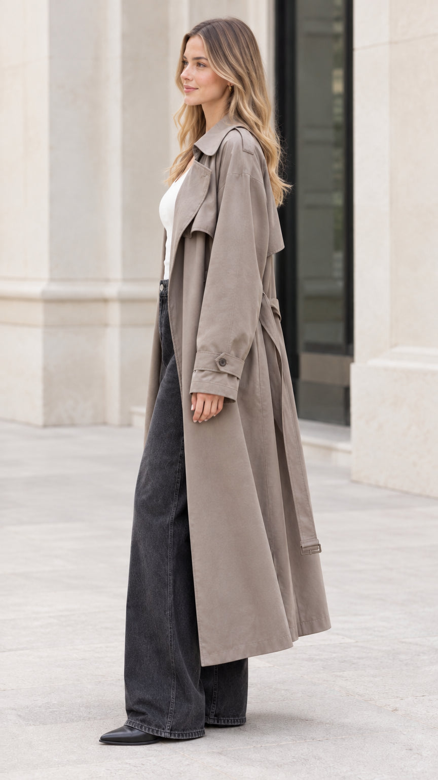 Side full-length view of woman wearing taupe maxi belted trench coat
