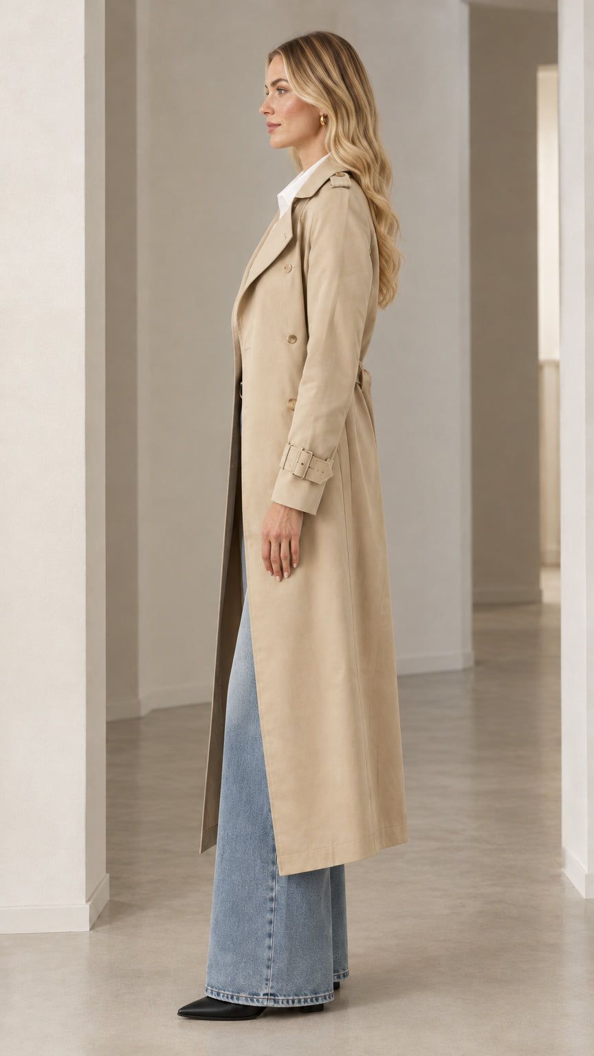 Side profile view of the beige long belted trench coat