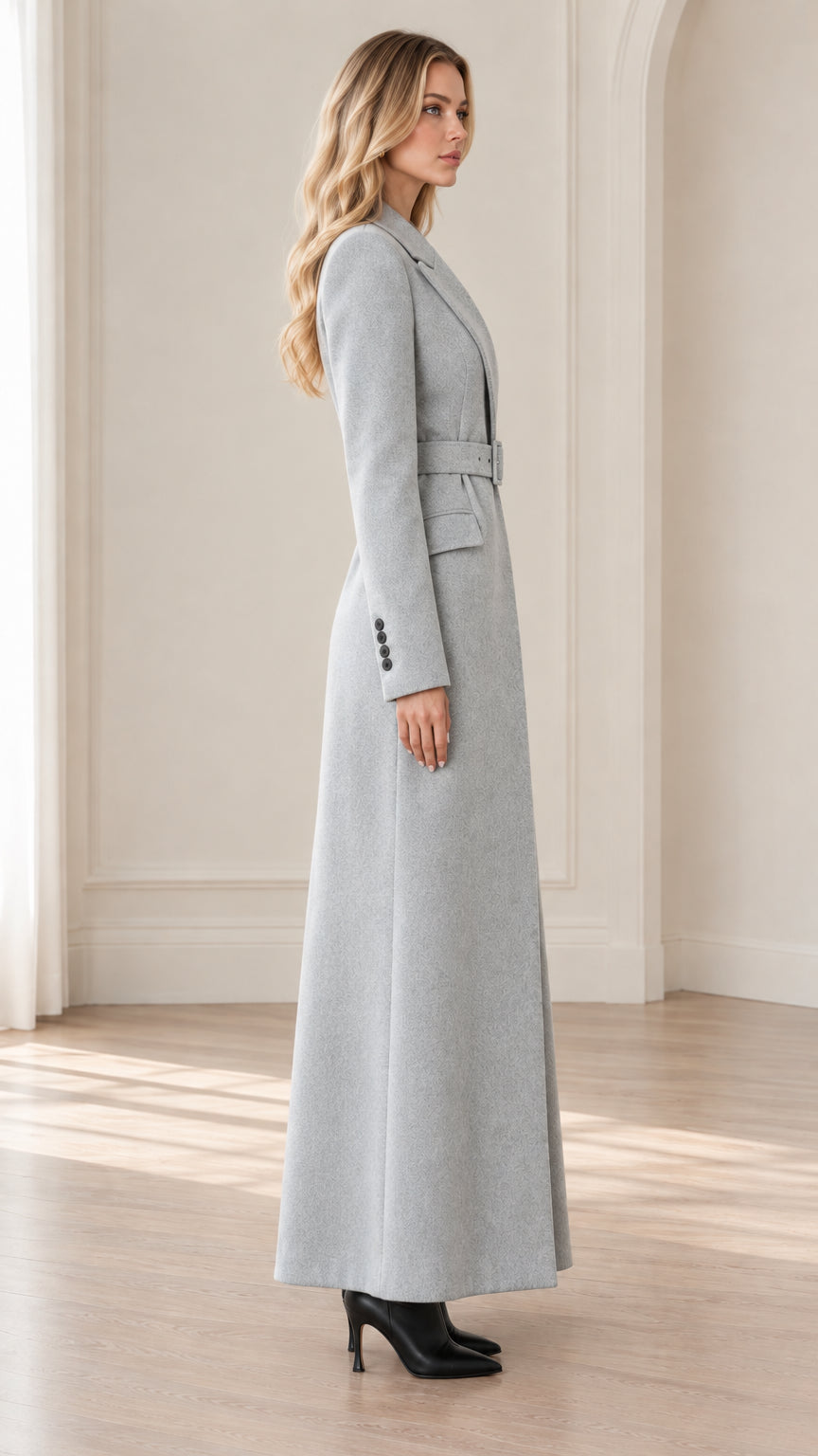 Side profile view of woman modeling Light Grey tailored long overcoat