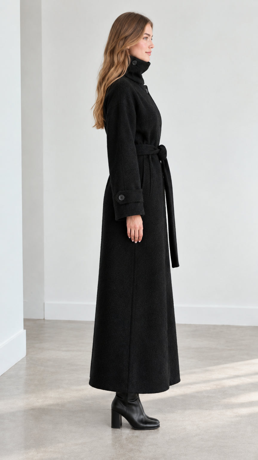 Side profile view of black full length belted winter coat