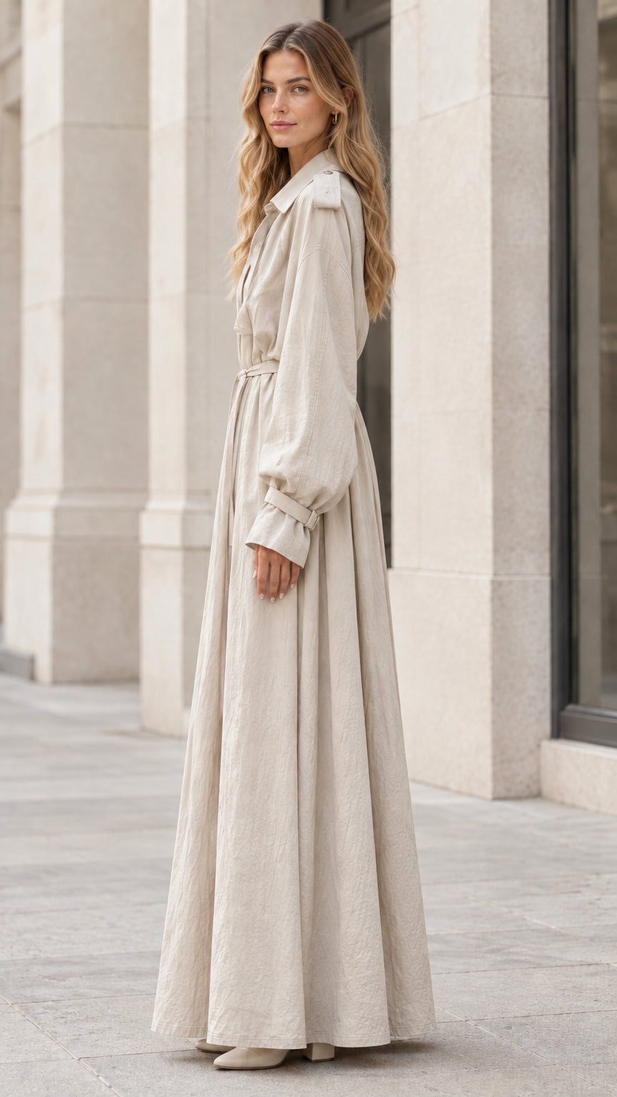 Side angle view of model in floor-length beige belted trench maxi dress