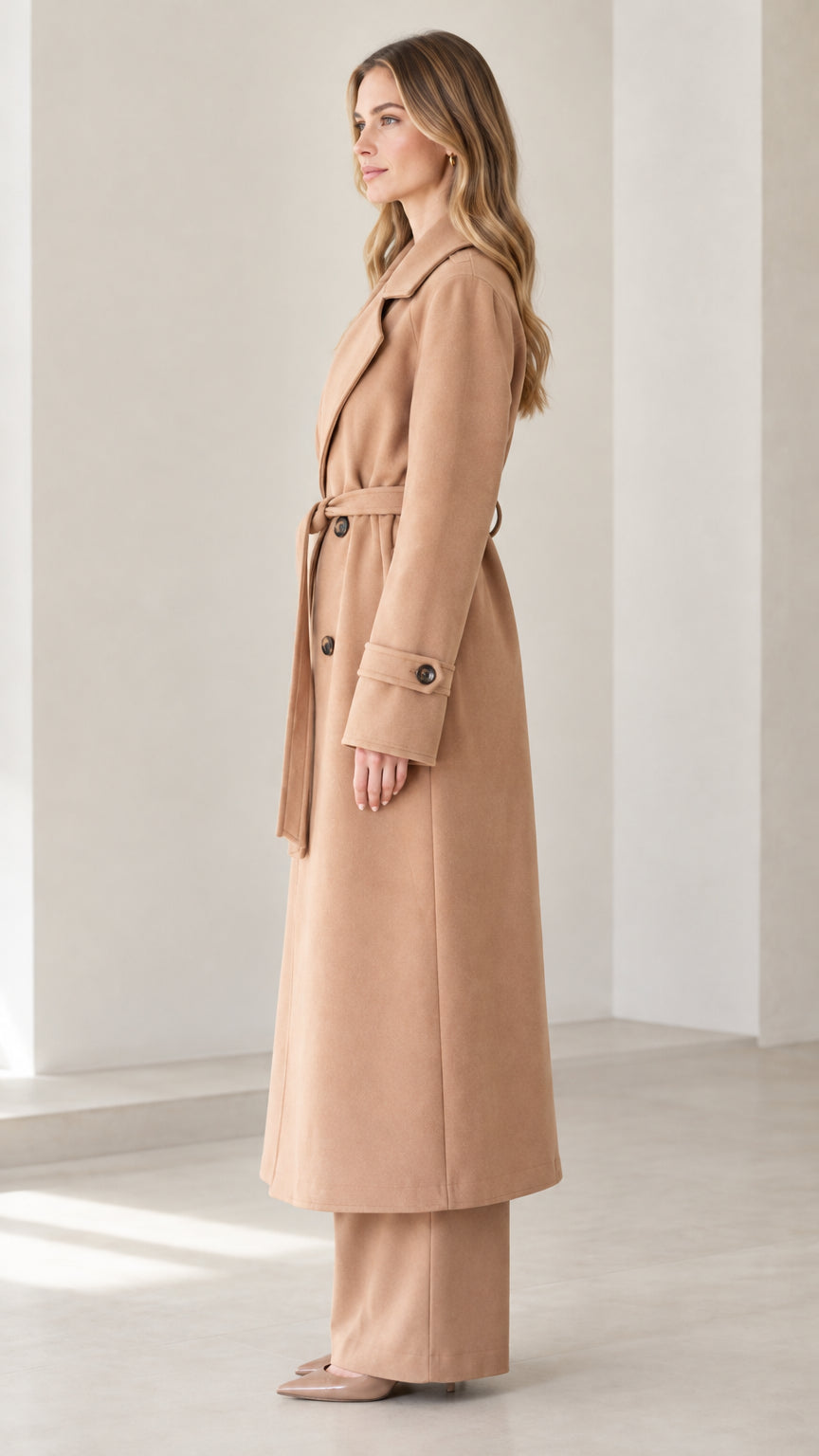 Side profile of woman modeling camel maxi trench coat with tie waist