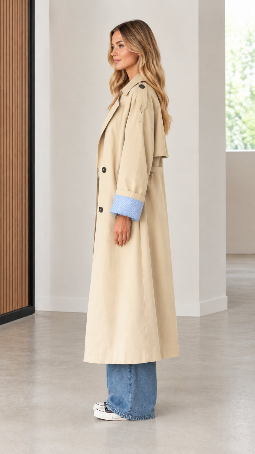 Side profile view of woman modeling khaki long trench coat with waist tie