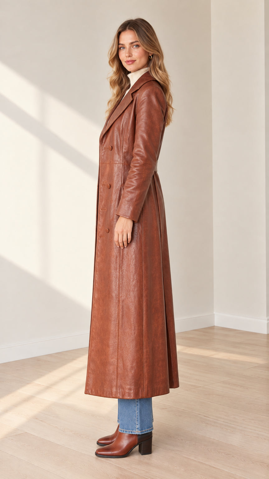 Side profile of woman modeling ankle-length brown faux leather trench coat with notched lapel