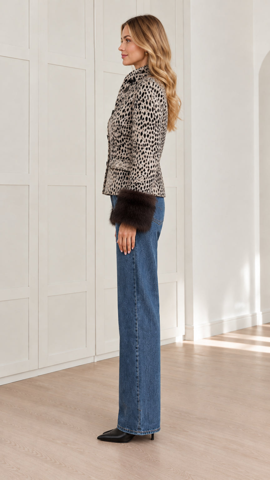 Side profile of woman wearing beige leopard print jacket and dark denim trousers