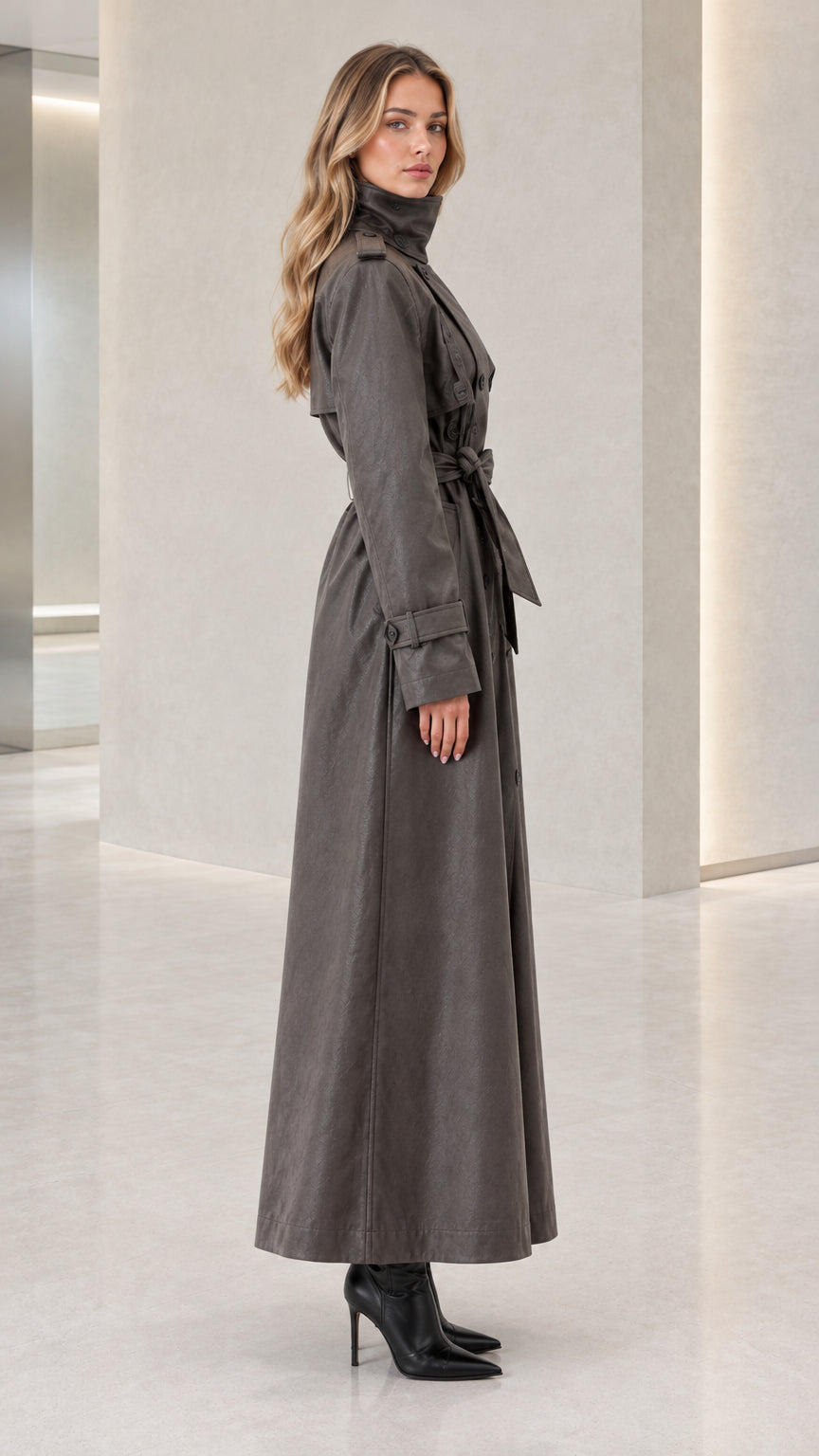Side profile view of women's charcoal grey long trench coat showing high collar and maxi length