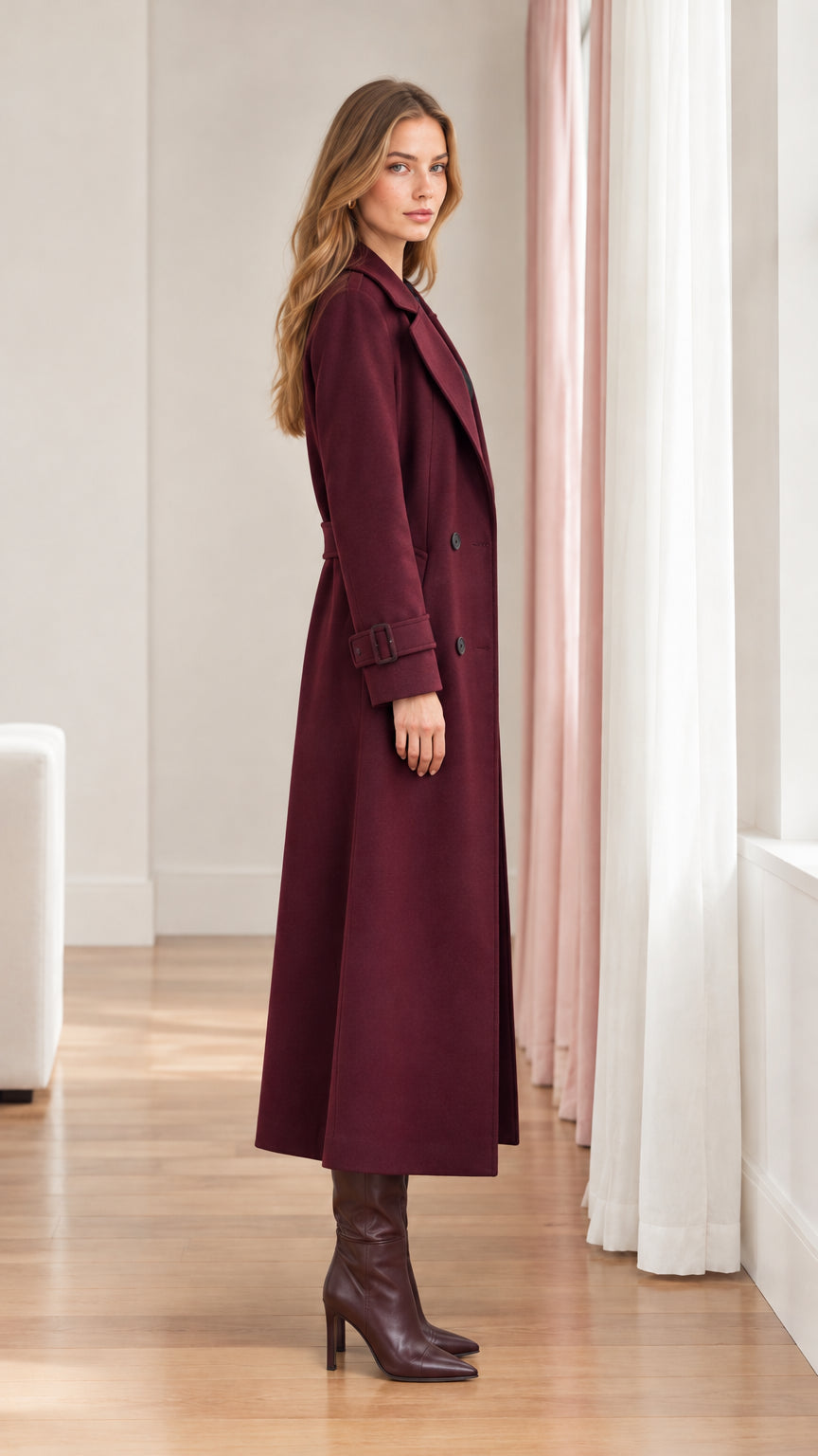 Side profile view of woman wearing burgundy maxi belted trench coat