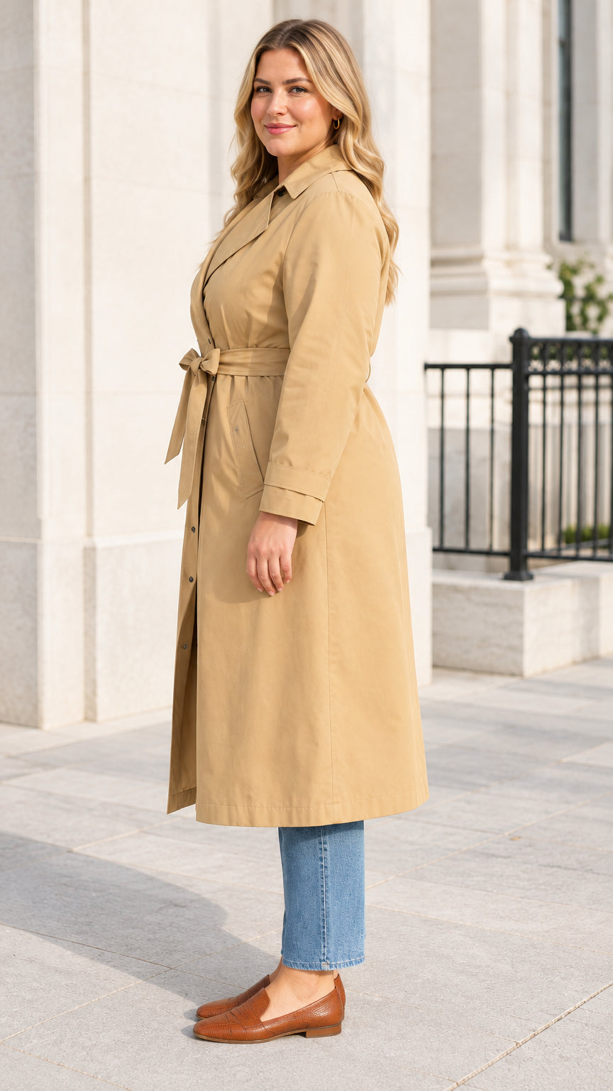 Side profile view of woman wearing long khaki trench coat with tied belt