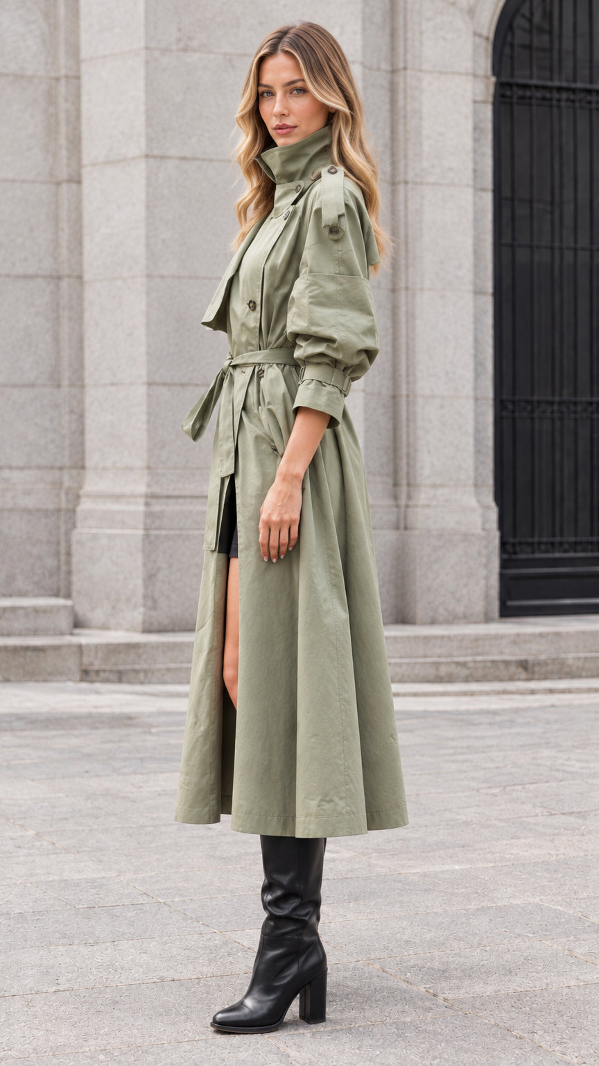 Side profile of model wearing sage green long double-breasted trench coat