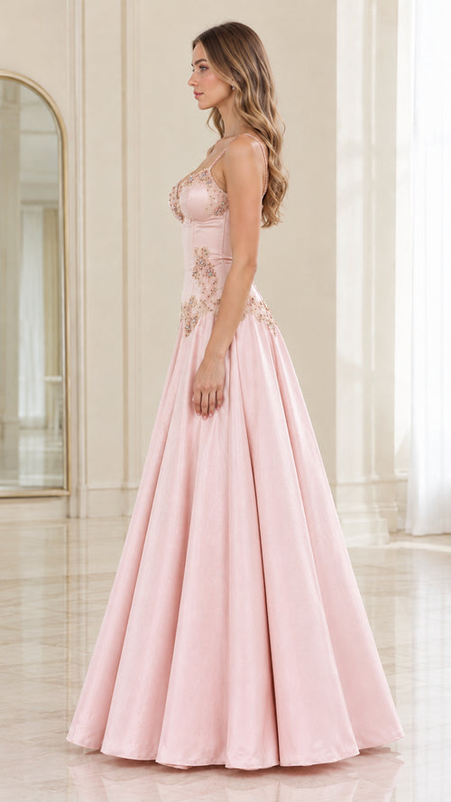 Side profile of Blush Pink floor length formal ball gown with fitted corset waist
