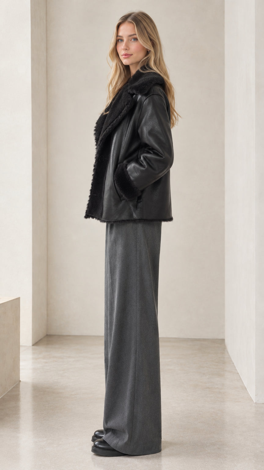 Side profile view of model wearing black faux shearling trim winter jacket