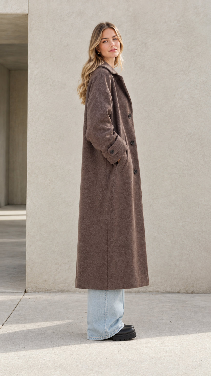 Side profile view of model wearing a brown tailored longline coat