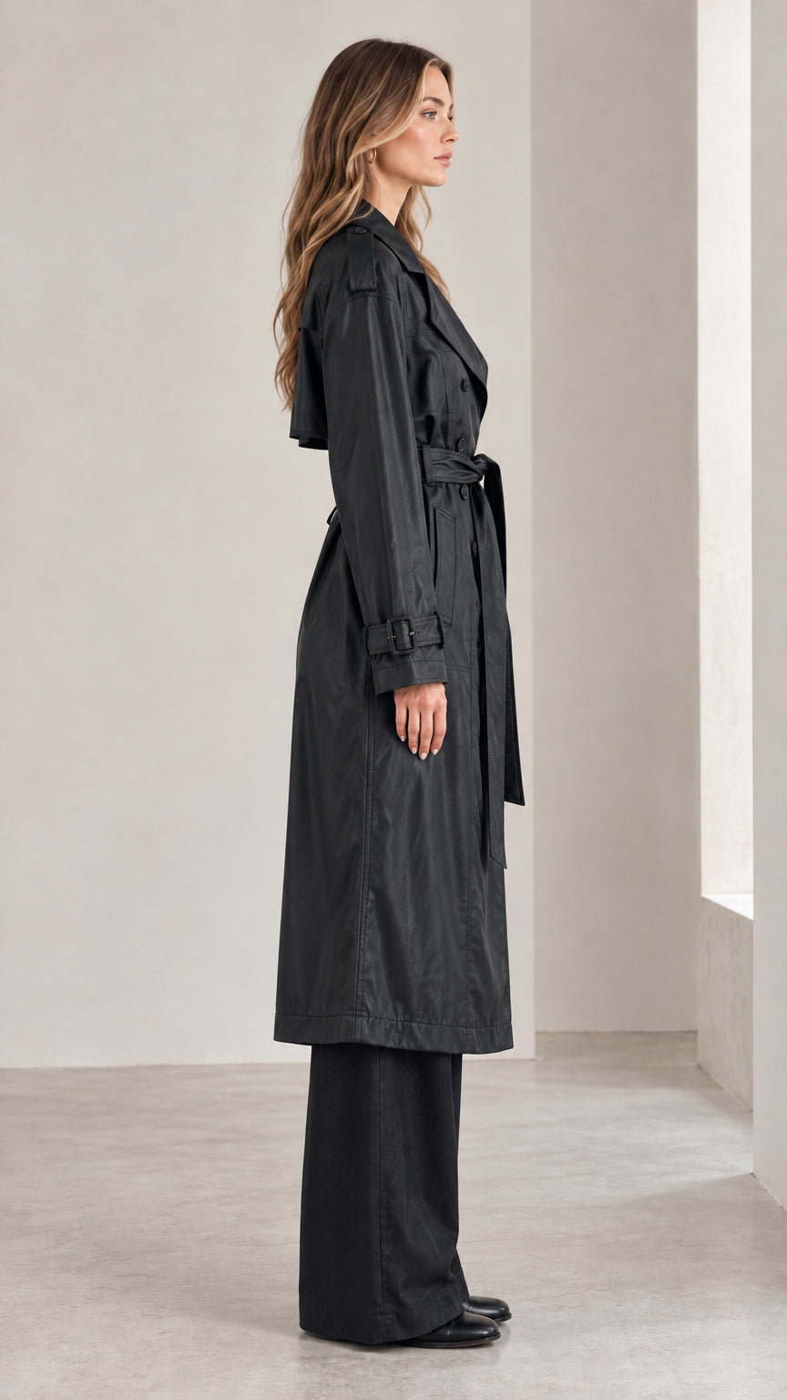 Side profile view of the black two-piece trench coat and trousers set