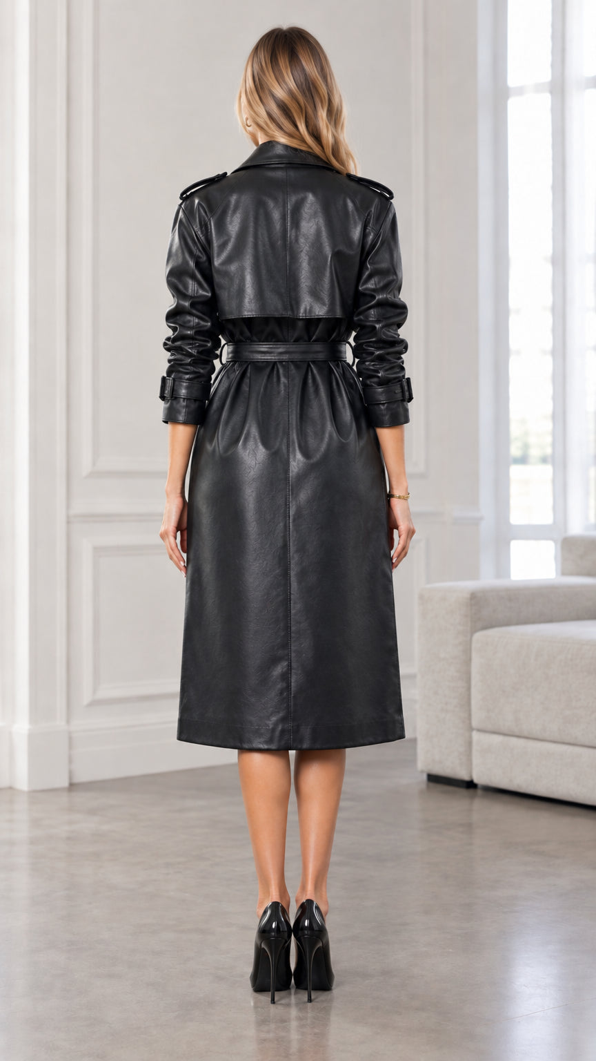 Rear view of model wearing black faux leather midi trench coat showing back storm flap