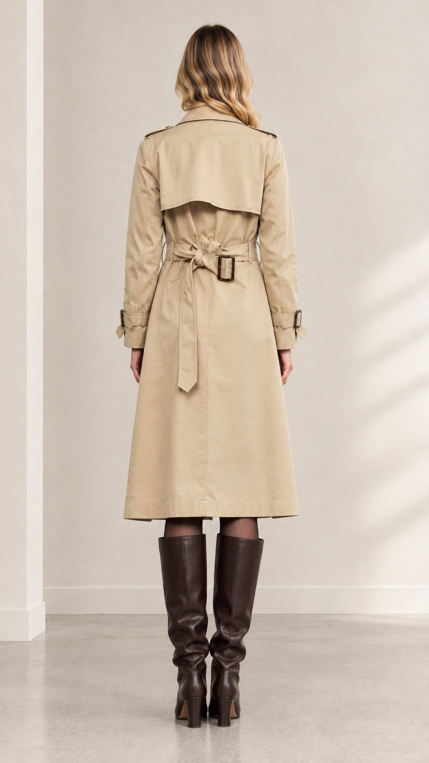 Back view of model wearing belted beige trench coat showcasing storm flap detail
