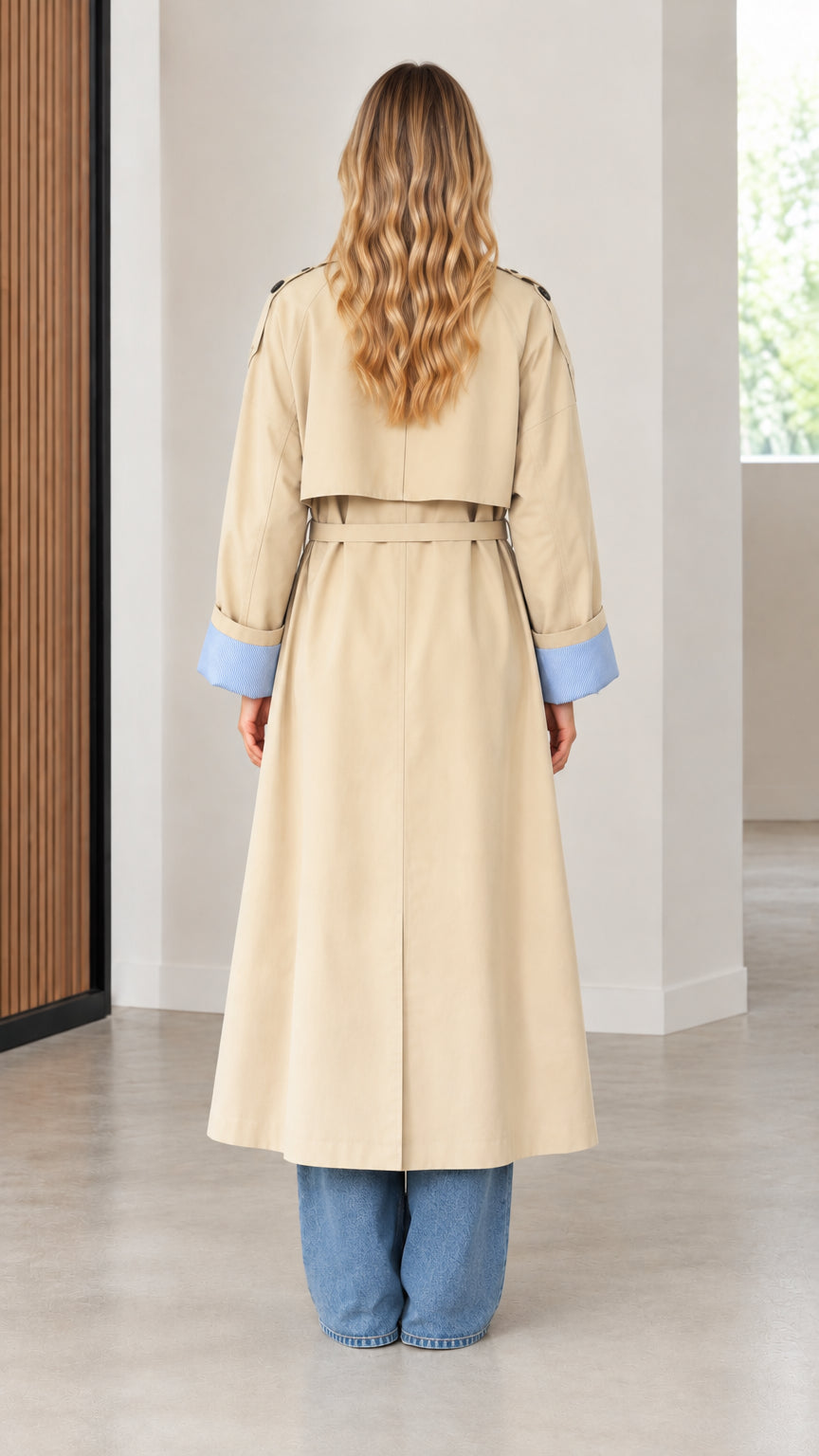 Back view of woman wearing khaki maxi trench coat showing storm flap and belt
