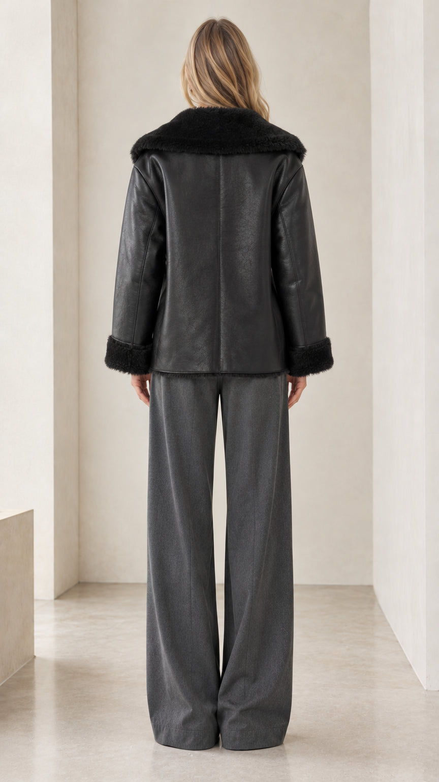 Back view of model wearing black faux shearling collar jacket and trousers