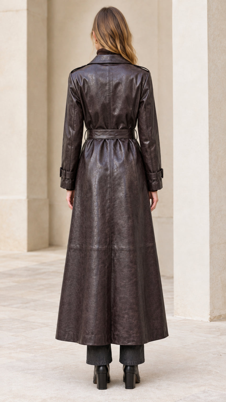 Back view of woman wearing tailored long dark brown faux leather trench coat