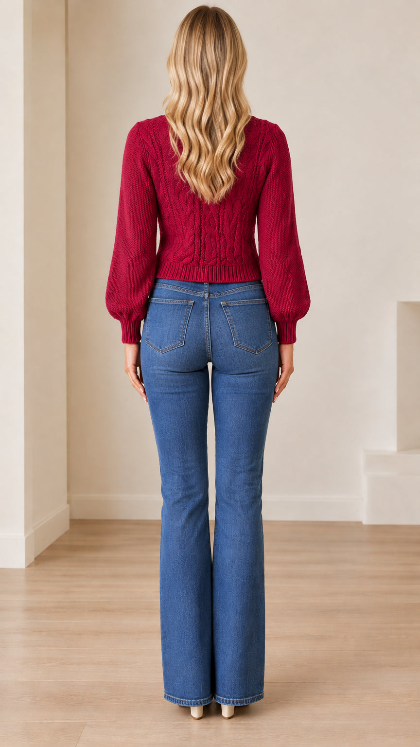 Back view of a model wearing a burgundy cropped cable knit sweater showing rib knit hem