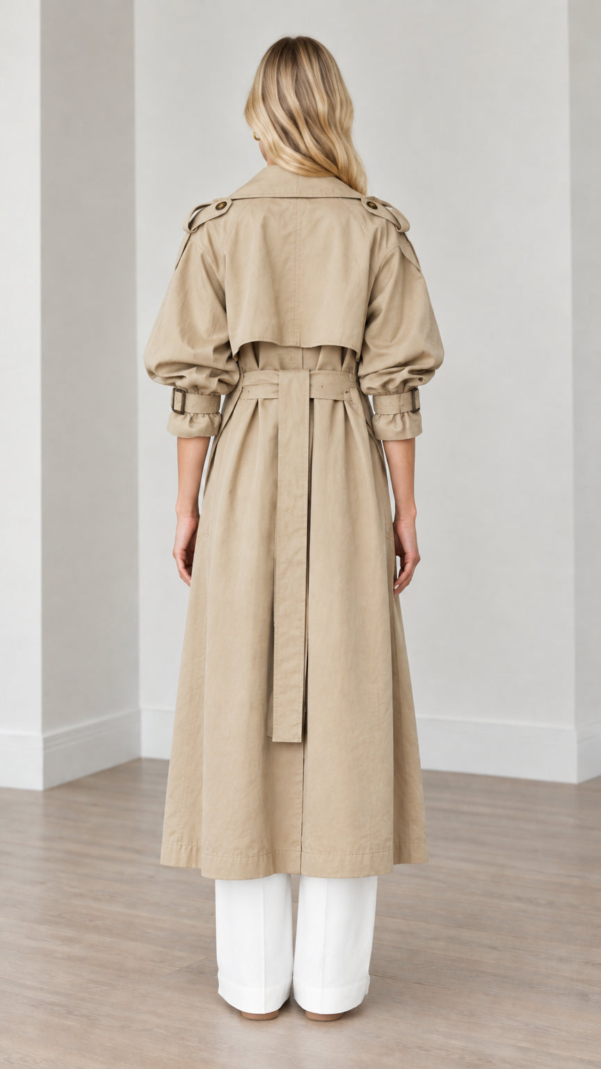 Back view of woman wearing khaki long trench coat showing storm flap yoke and belted waist