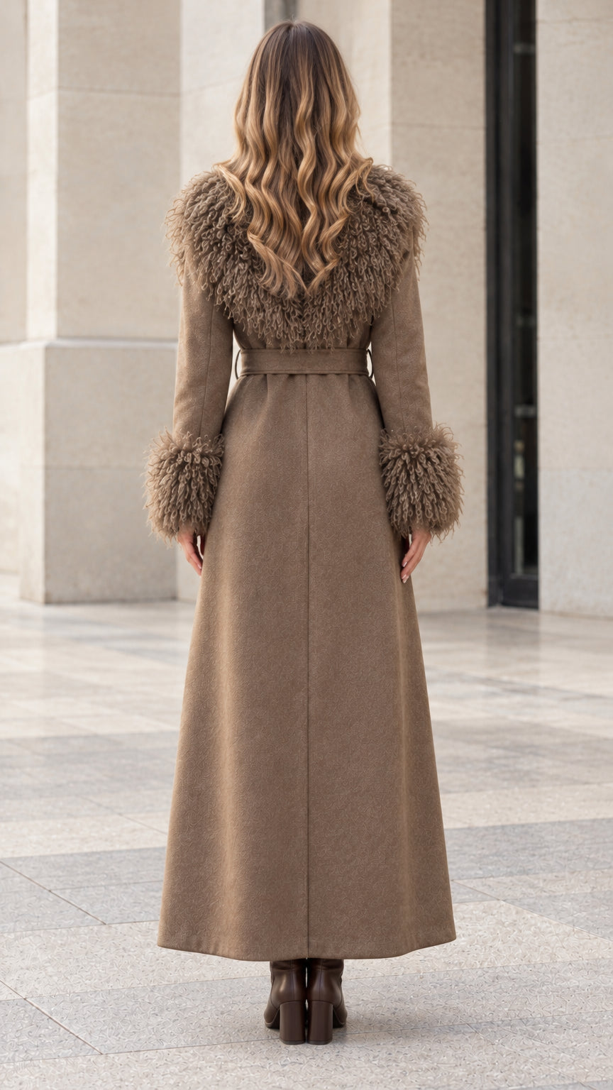 Back view of model wearing brown maxi coat with curly faux fur collar and cuffs