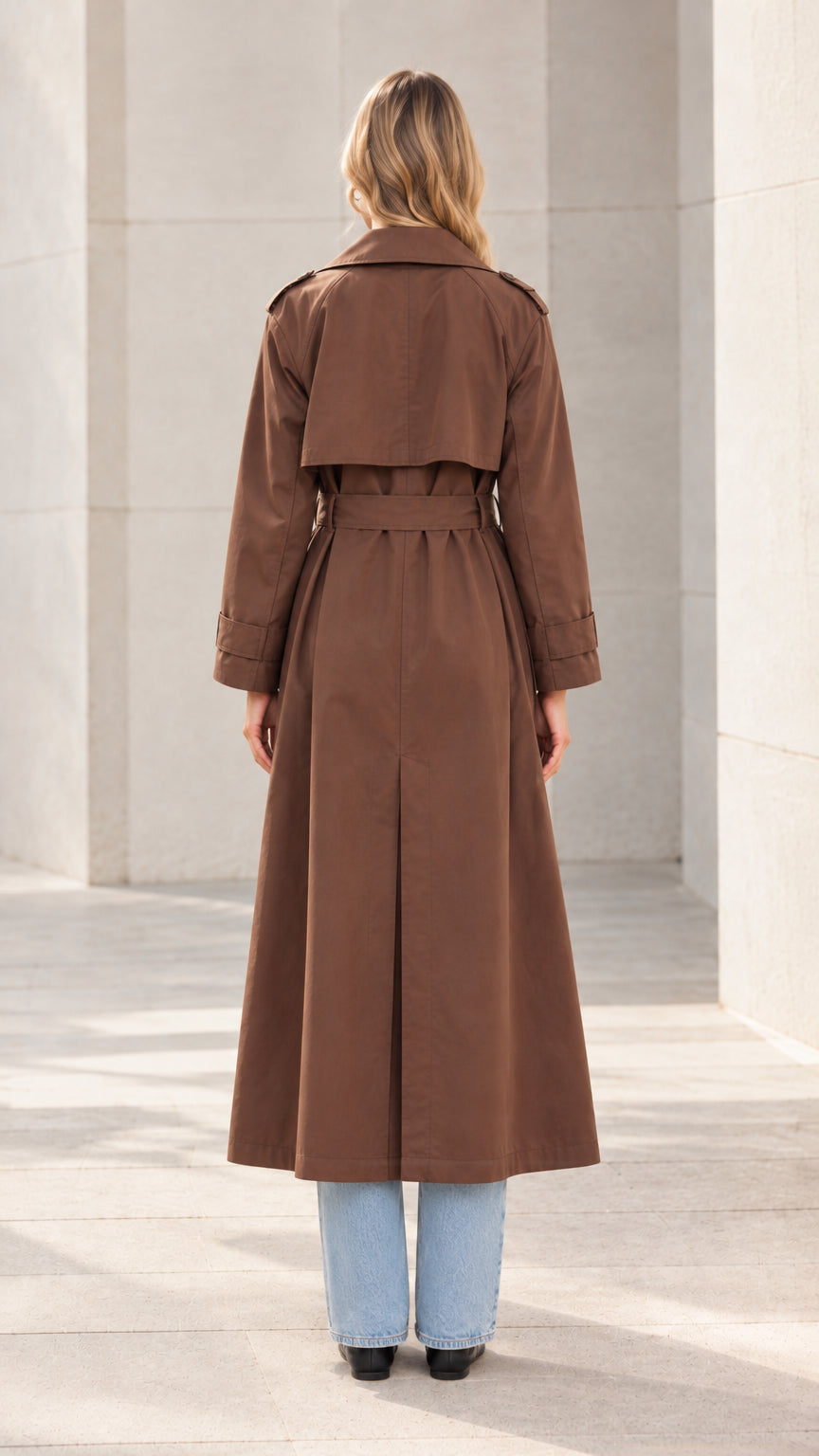 Back view of model wearing the brown long trench coat highlighting the storm flap and belt