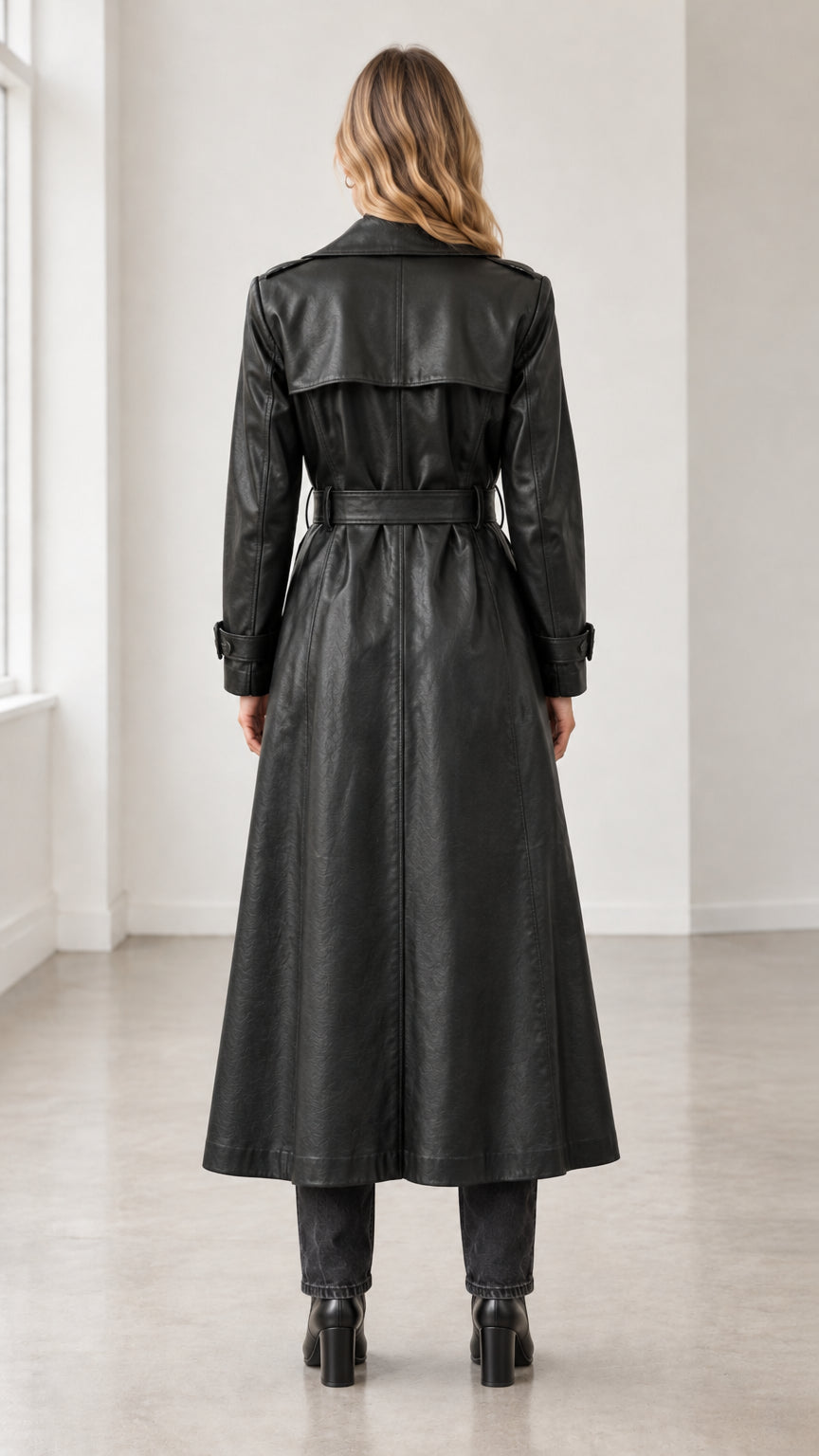 Back full-length view of black faux leather trench coat displaying rear storm flap and belted waist