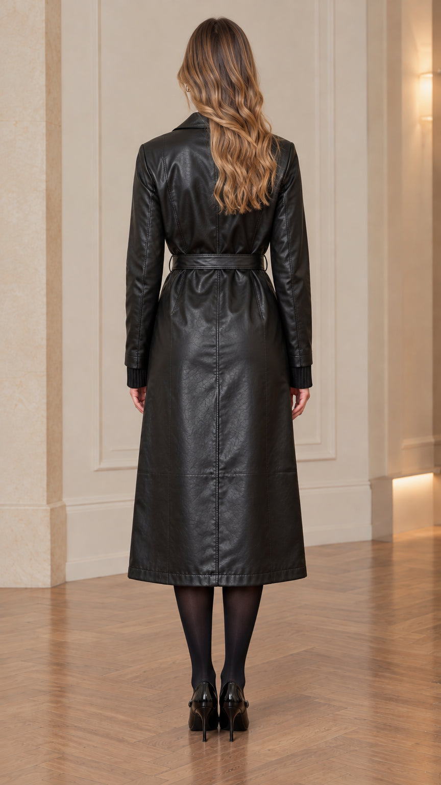 Back full-length view of black belted faux leather trench coat showing center slit