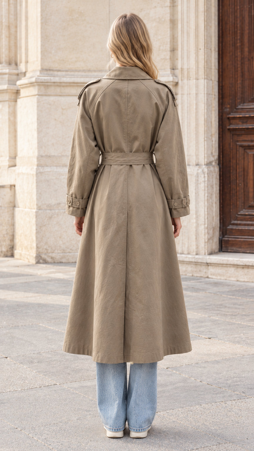 Back view of woman wearing long khaki trench coat showing center hem vent