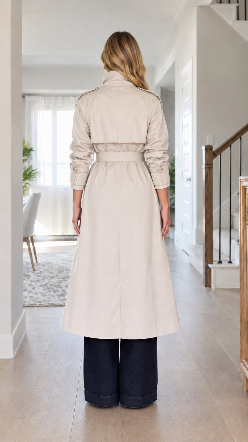 Back view of model wearing full-length beige trench coat with storm flap