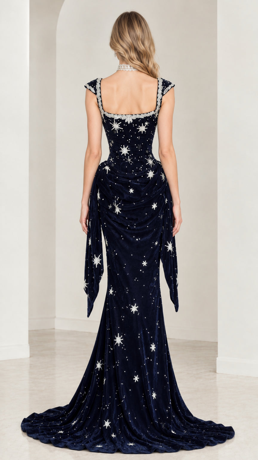 Rear view of model wearing Navy Blue celestial velvet evening gown with extended train