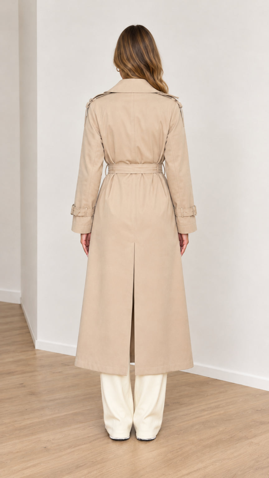 Rear view of a woman wearing a beige long trench coat showing back slit vent and belt