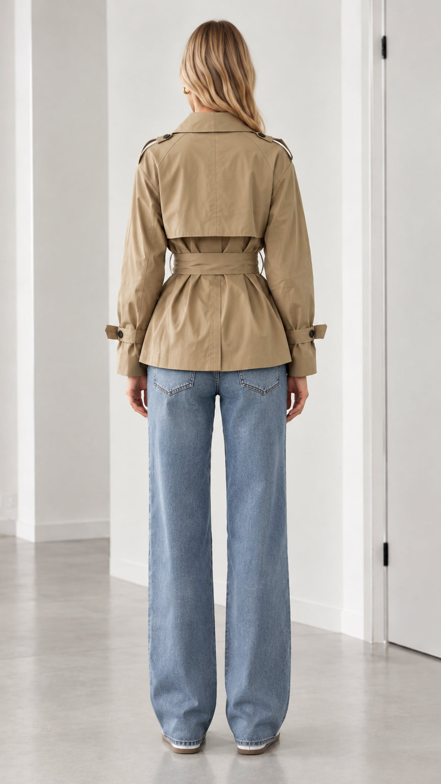 Back view of model wearing khaki short trench coat featuring back storm flap and cinched tie belt