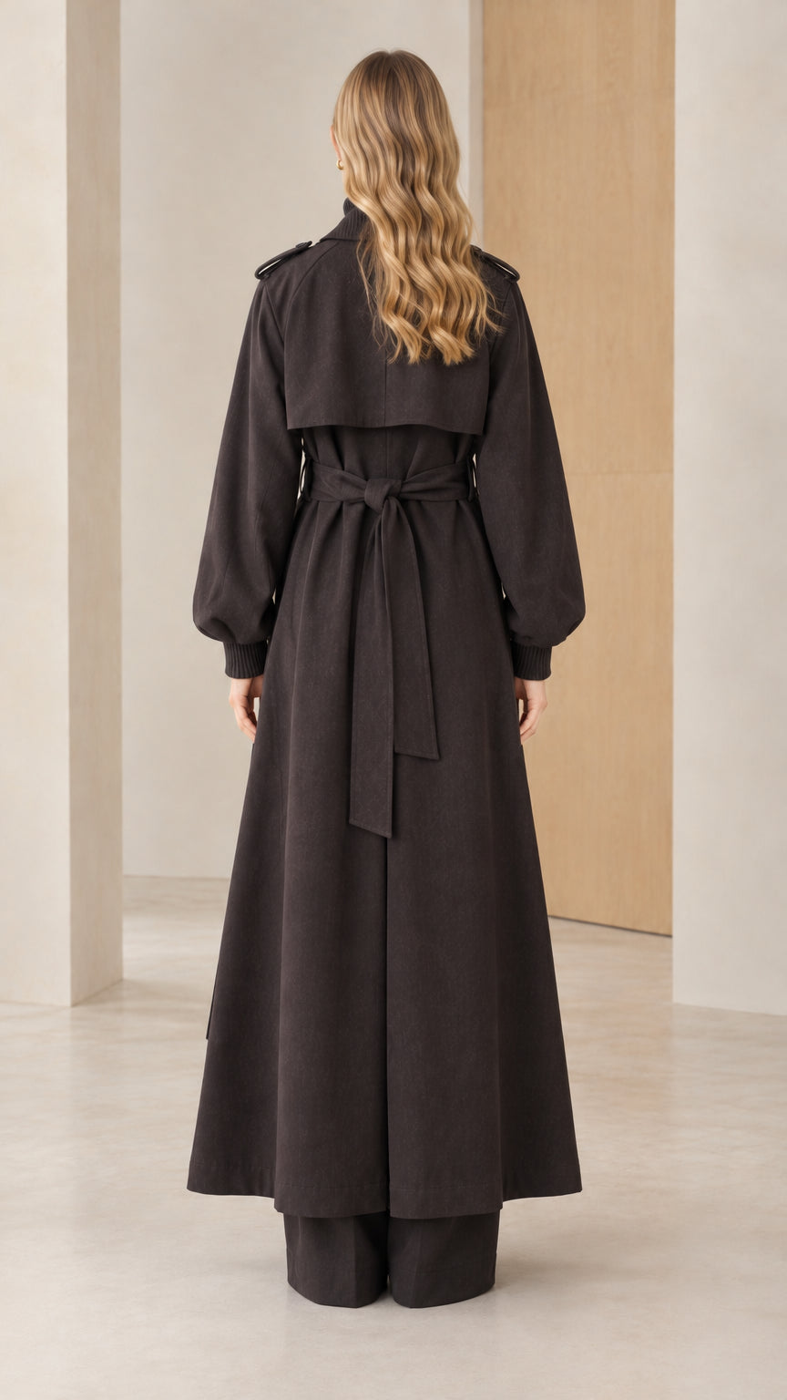 Back view of woman wearing belted black maxi trench coat with storm flap