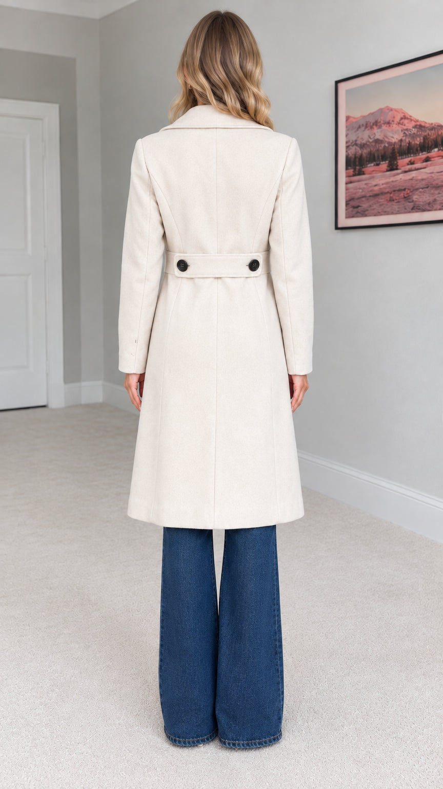 Back view of woman wearing cream longline coat featuring rear waist tab with contrast buttons