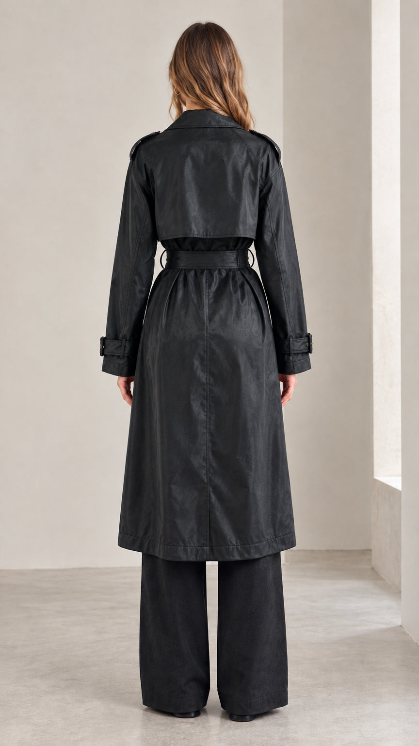 Back view of the black longline trench coat showing the storm flap and belted waist