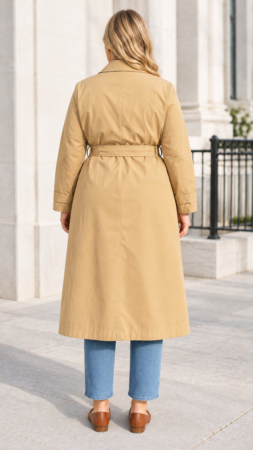 Back full-length view of woman wearing long khaki belted trench coat