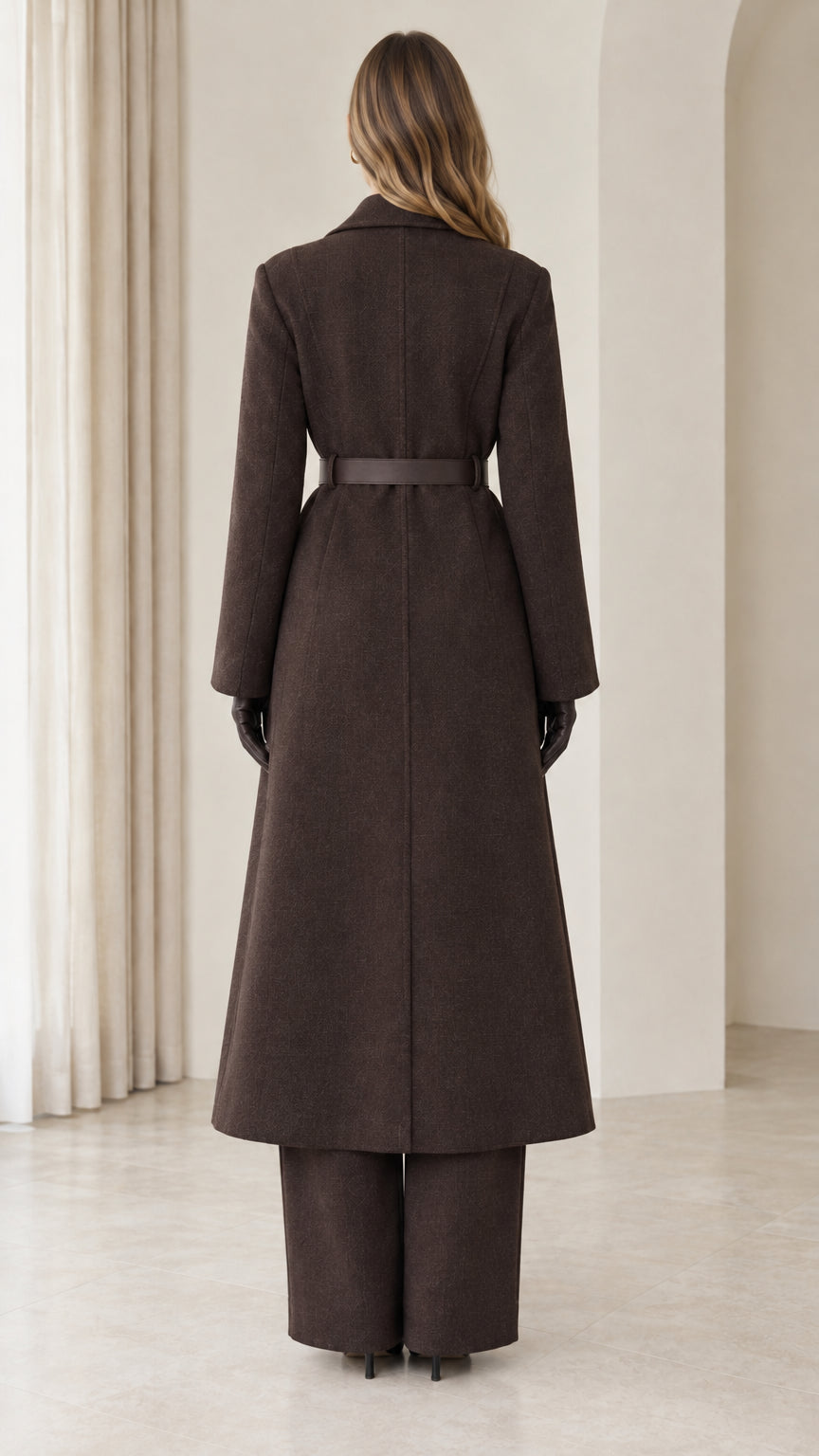 Back view of woman wearing full-length chocolate brown tailored coat and wide-leg trousers